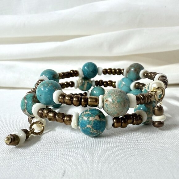 REIMAGINED Variscite, Shell & Glass Bead Memory Wire Bracelet – Boho Wrap Bangle - Picture 3 of 6